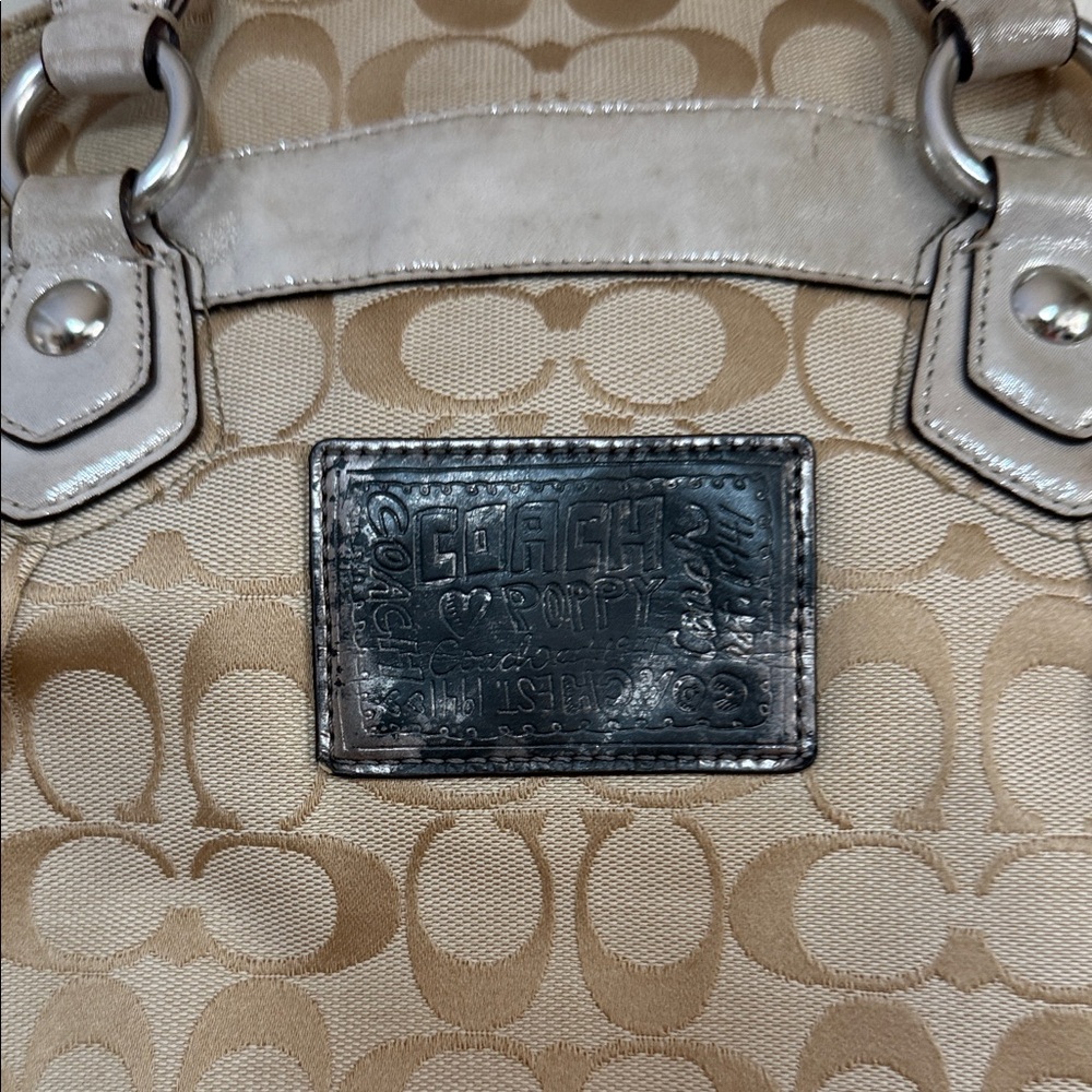Coach Beige Signature Canvas Shoulder Bag with Purple & Orange Floral Appliqués - Picture 10 of 16